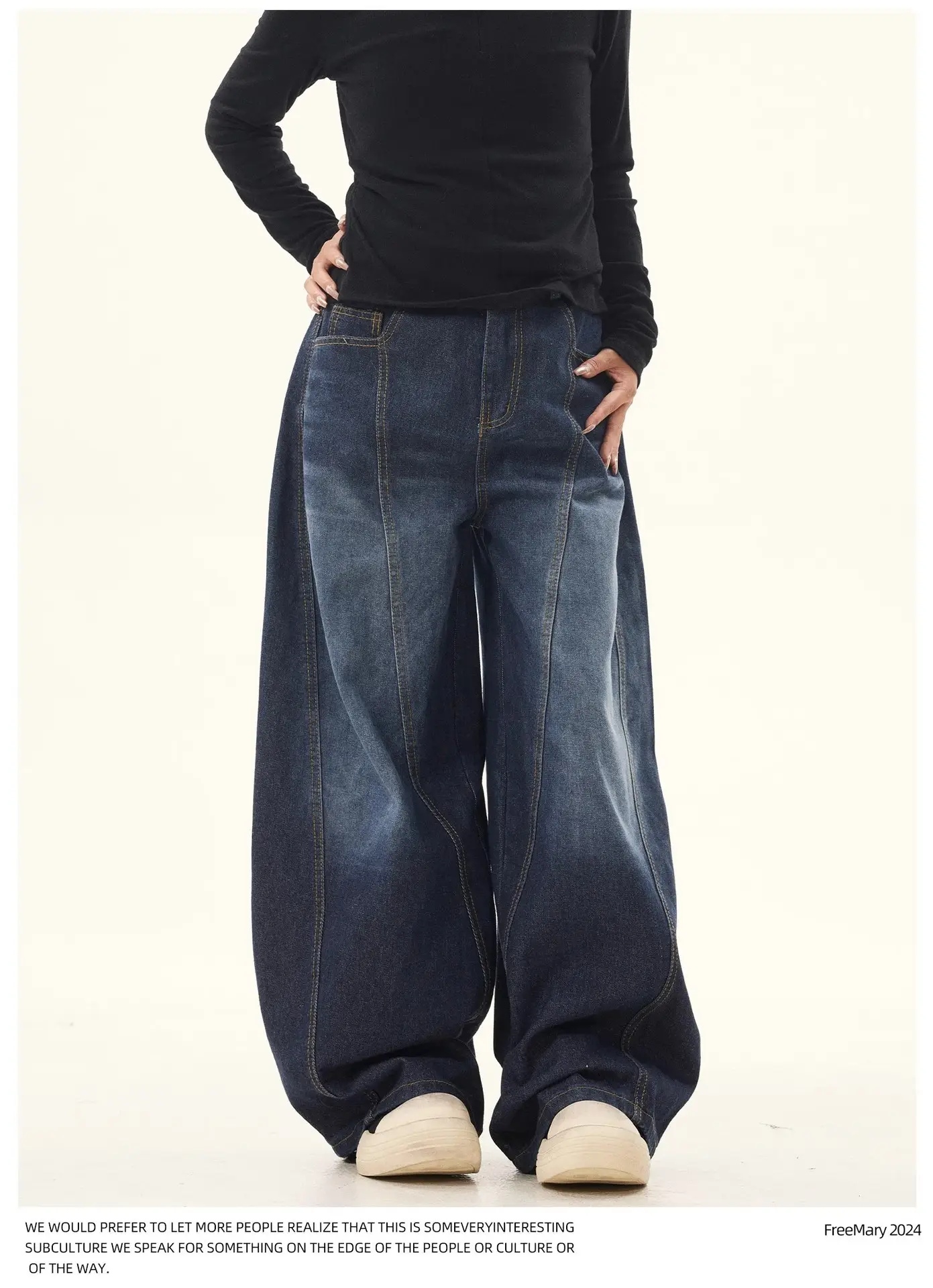 American Retro Vintage Dark Blue Scimitar Jeans Men Women Wide Leg Pants — feature 7