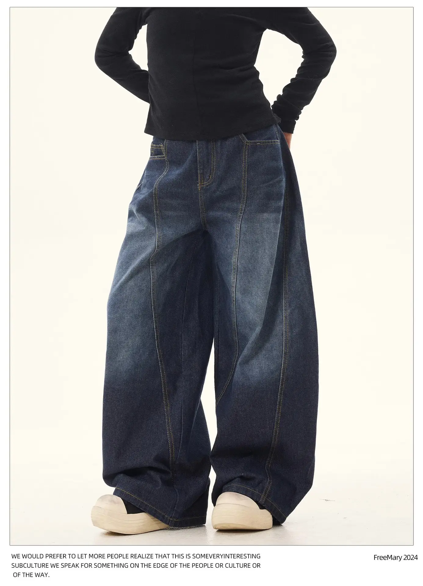 American Retro Vintage Dark Blue Scimitar Jeans Men Women Wide Leg Pants — feature 8