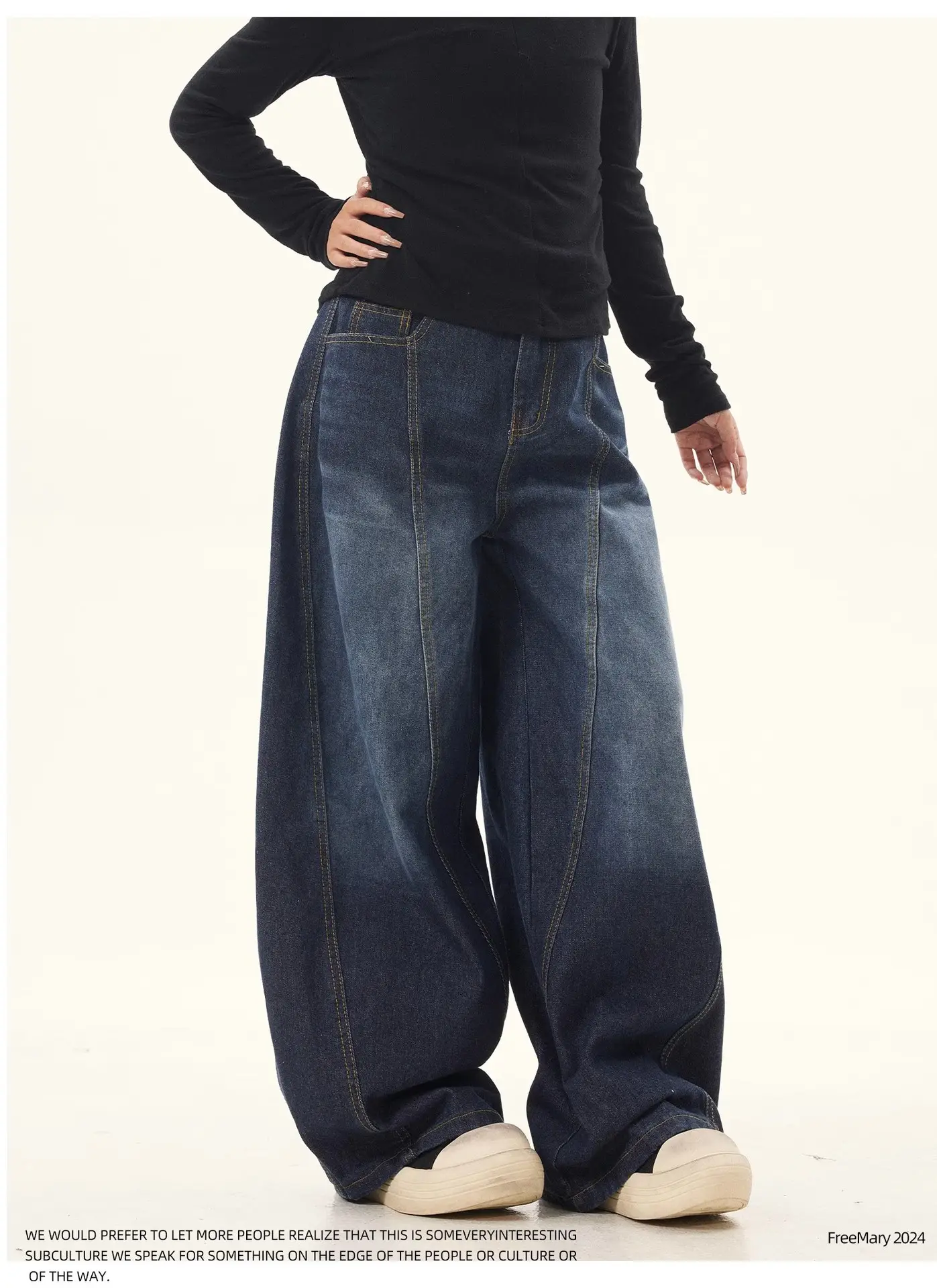 American Retro Vintage Dark Blue Scimitar Jeans Men Women Wide Leg Pants — feature 9