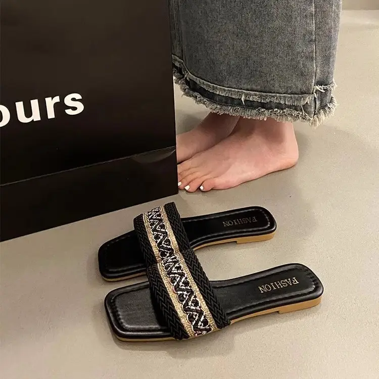 Chanel Style Sandals and Slippers for Women's Outer Wear 2025 Summer New Style Feet-Showing Small Soft Bottom Square Head Seaside Holiday Beach Shoes - Image 4