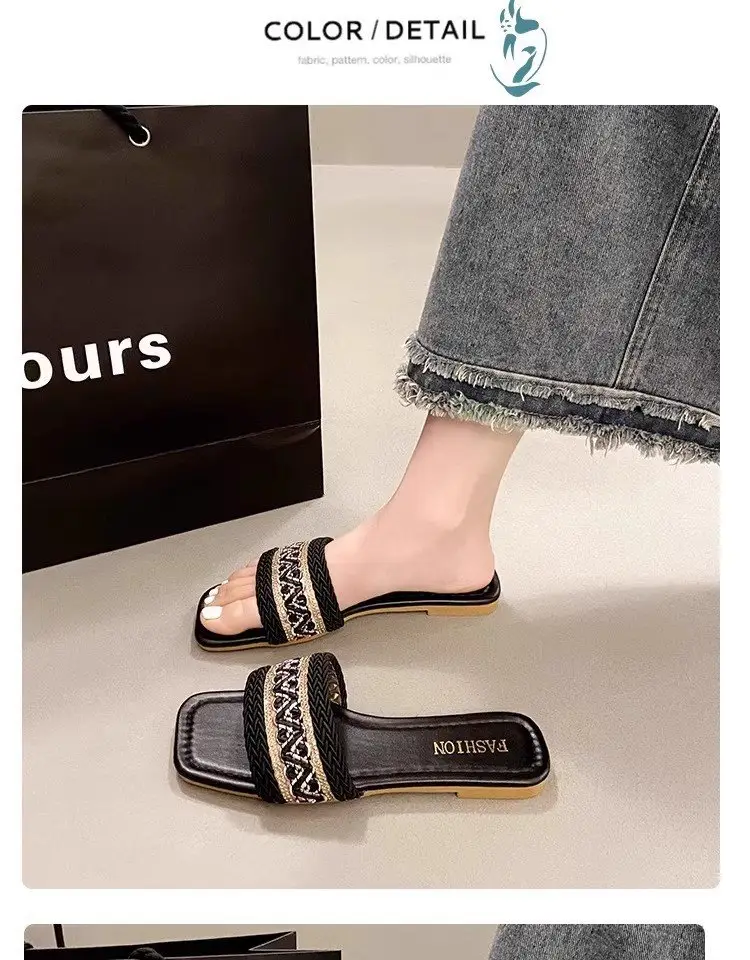 Chanel Style Sandals and Slippers for Women's Outer Wear 2025 Summer New Style Feet-Showing Small Soft Bottom Square Head Seaside Holiday Beach Shoes — feature 11