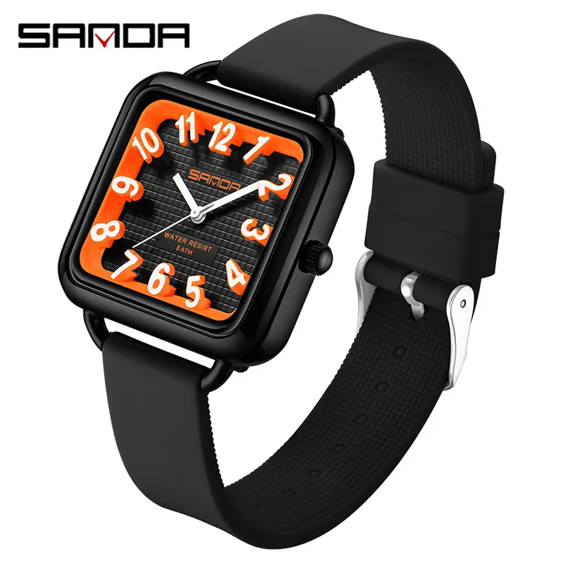 Sanda Square Watch Black Silicone Waterproof Quartz - Image 9
