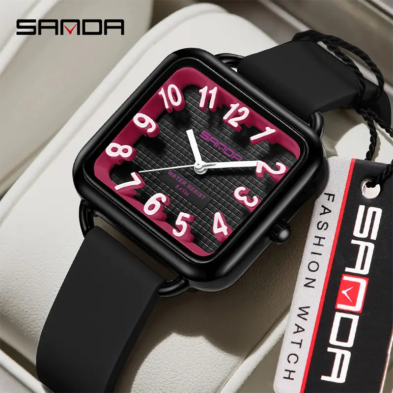 Sanda Square Watch Black Silicone Waterproof Quartz - Image 11