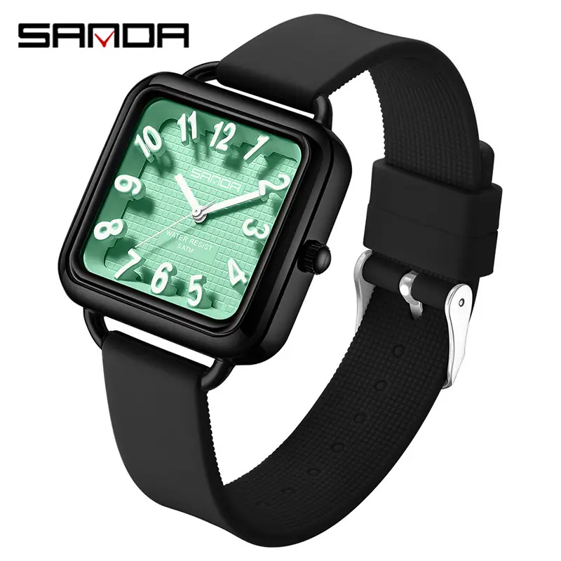 Sanda Square Watch Black Silicone Waterproof Quartz - Image 3