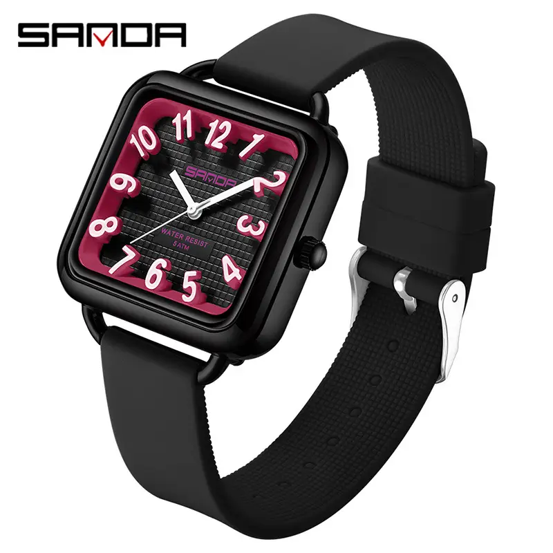 Sanda Square Watch Black Silicone Waterproof Quartz - Image 4