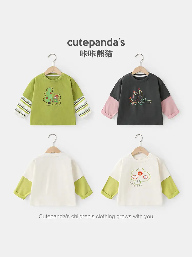 Kaka Panda Boys Fake Two-Piece Long Sleeve T-Shirt Girls Spring Outfit - Image 2