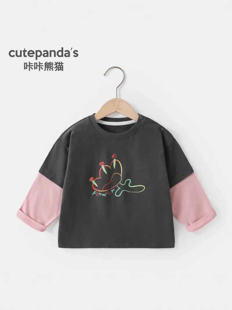 Kaka Panda Boys Fake Two-Piece Long Sleeve T-Shirt Girls Spring Outfit - Image 6