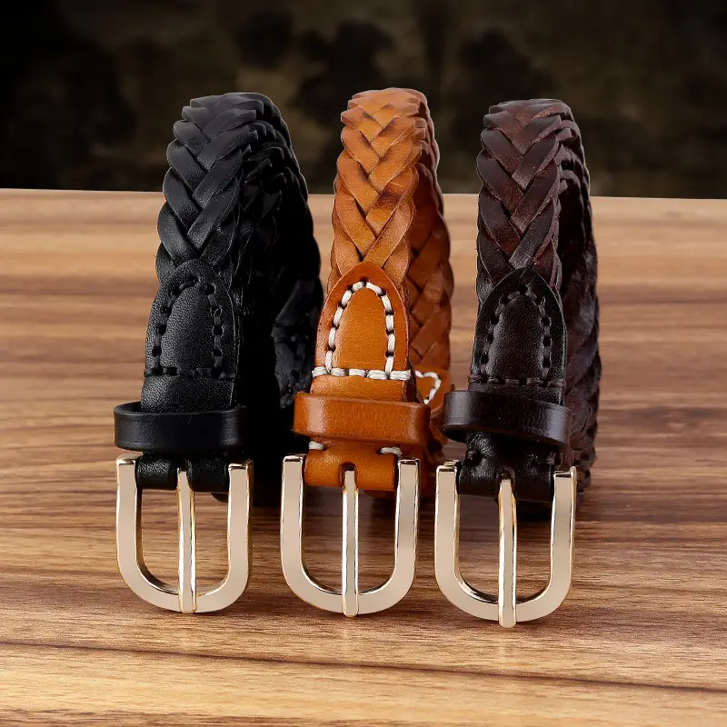 2025 New Black Handwoven Cowhide Belt with Retro Buckle