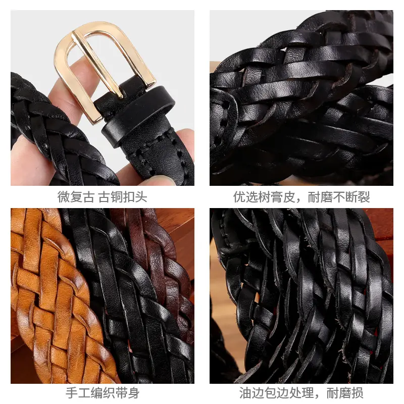2025 New Black Handwoven Cowhide Belt with Retro Buckle