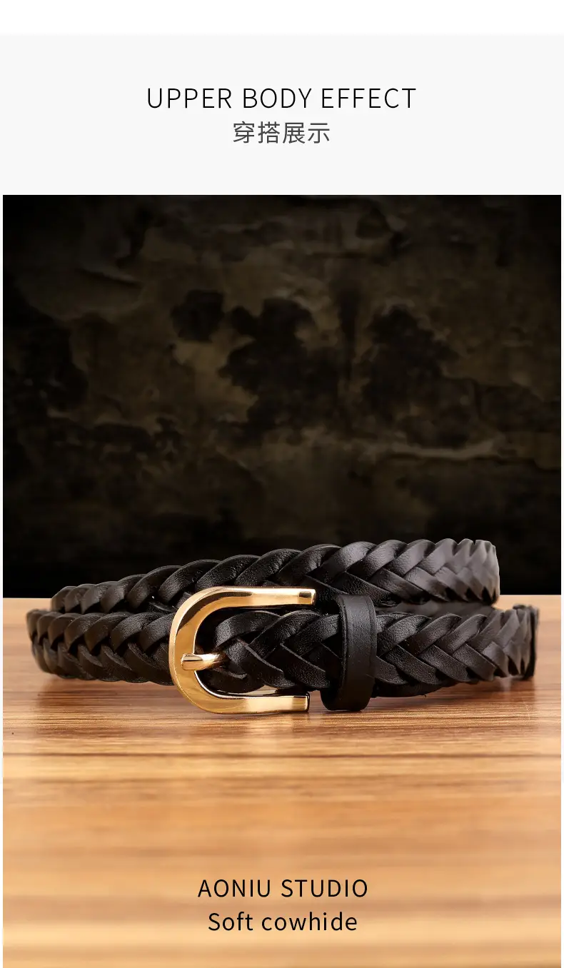 2025 New Black Handwoven Cowhide Belt with Retro Buckle — feature 11