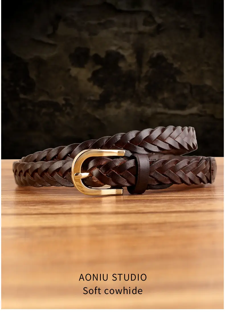 2025 New Black Handwoven Cowhide Belt with Retro Buckle — feature 13