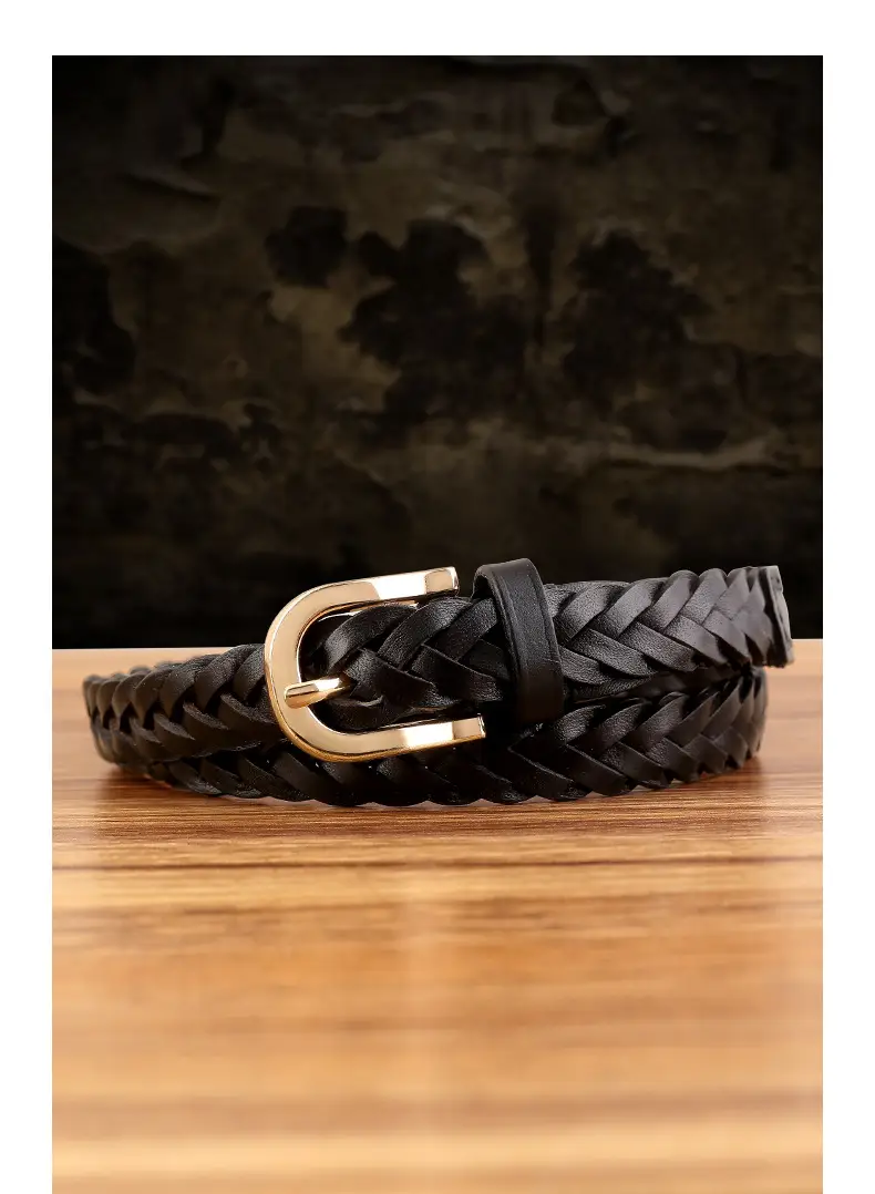 2025 New Black Handwoven Cowhide Belt with Retro Buckle — feature 15
