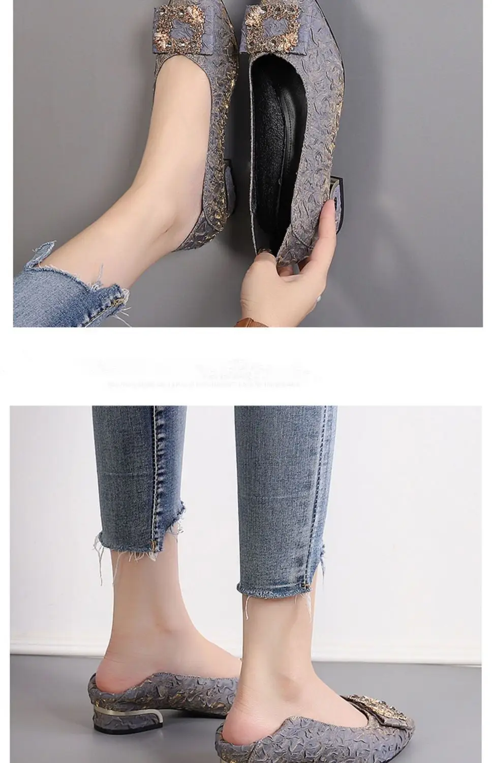 2026 Spring and Autumn New Fashionable Chanel-Style Pointed Toe Shoes Versatile Evening Shoes Women's Chunky Heel Rhinestone Mary Jane Shoes — feature 10