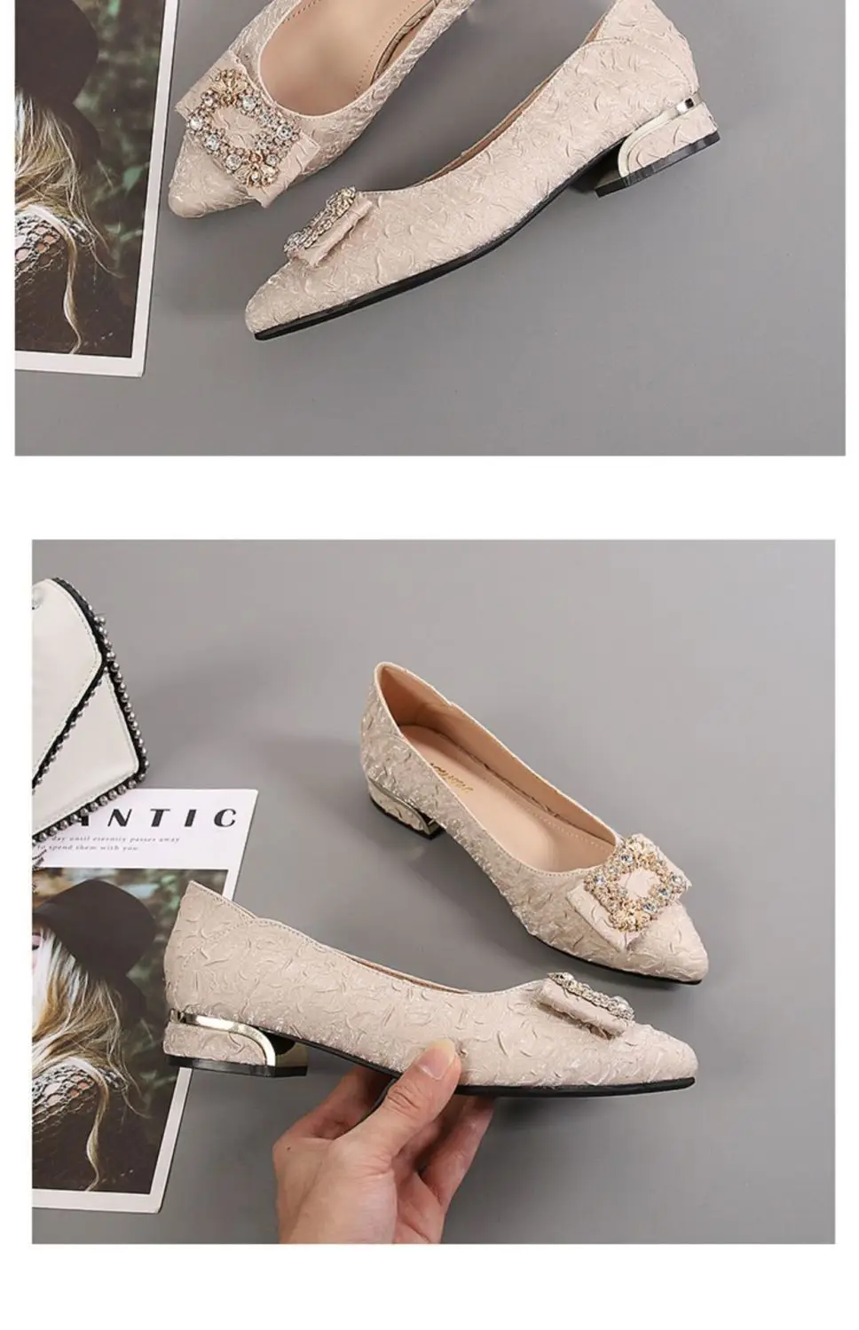2026 Spring and Autumn New Fashionable Chanel-Style Pointed Toe Shoes Versatile Evening Shoes Women's Chunky Heel Rhinestone Mary Jane Shoes — feature 13