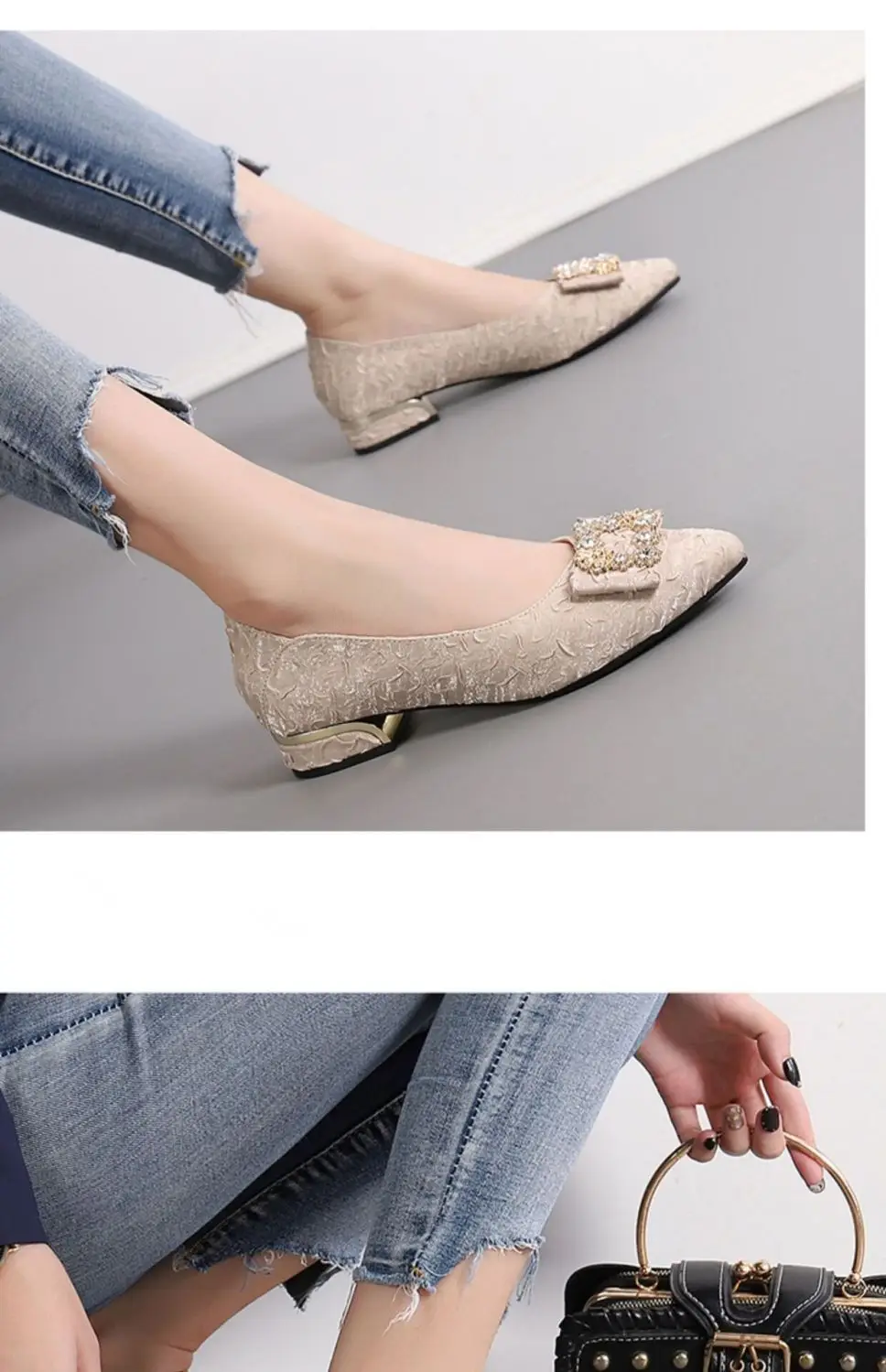 2026 Spring and Autumn New Fashionable Chanel-Style Pointed Toe Shoes Versatile Evening Shoes Women's Chunky Heel Rhinestone Mary Jane Shoes — feature 2