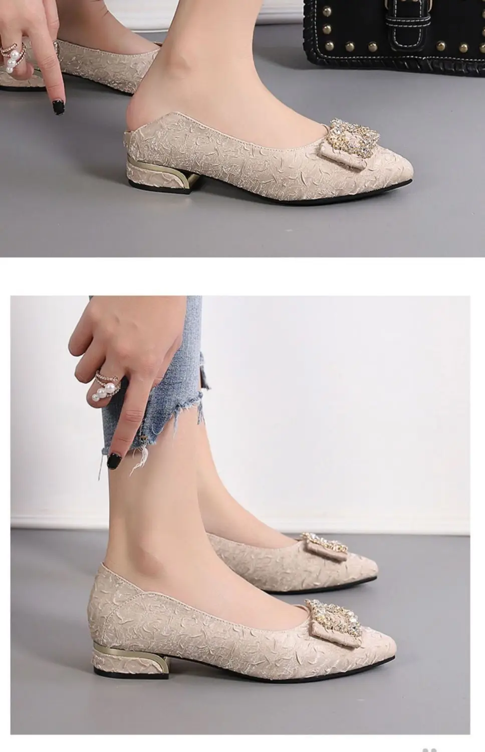 2026 Spring and Autumn New Fashionable Chanel-Style Pointed Toe Shoes Versatile Evening Shoes Women's Chunky Heel Rhinestone Mary Jane Shoes — feature 3