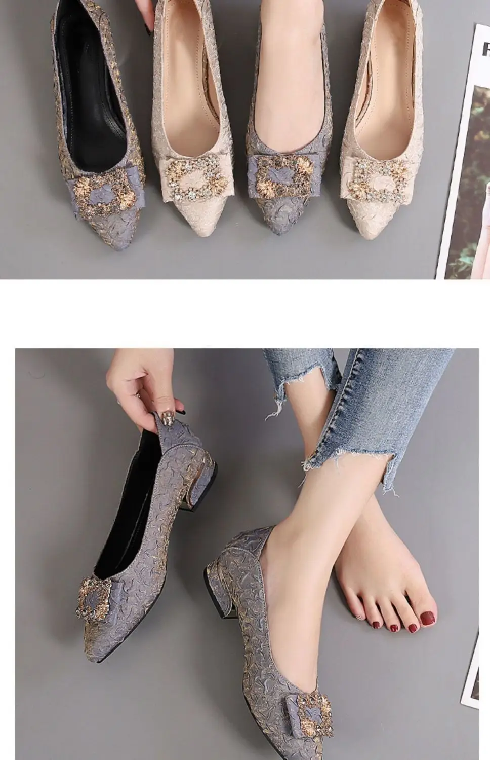2026 Spring and Autumn New Fashionable Chanel-Style Pointed Toe Shoes Versatile Evening Shoes Women's Chunky Heel Rhinestone Mary Jane Shoes — feature 7