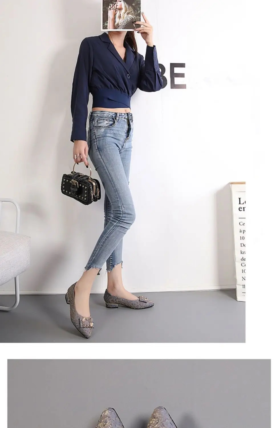 2026 Spring and Autumn New Fashionable Chanel-Style Pointed Toe Shoes Versatile Evening Shoes Women's Chunky Heel Rhinestone Mary Jane Shoes — feature 9
