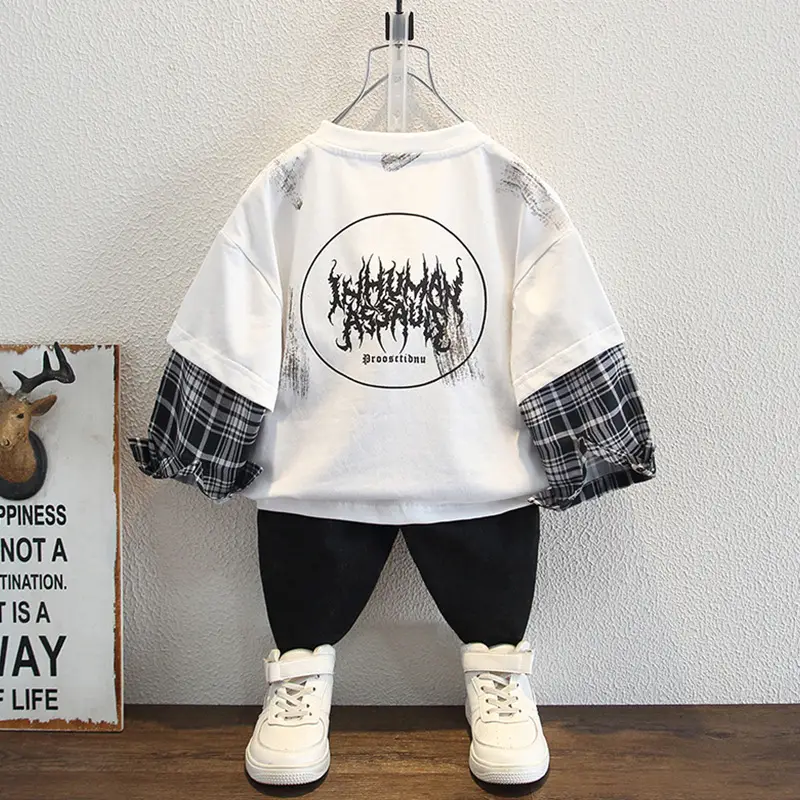 Boys Cotton Long Sleeve T-Shirt White Plaid Sleeve - Image 5