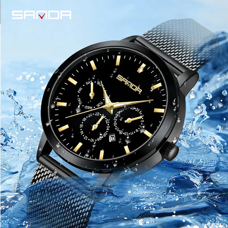 Sanda Black Leather 3-Eyes Quartz Watch for Women - Image 6