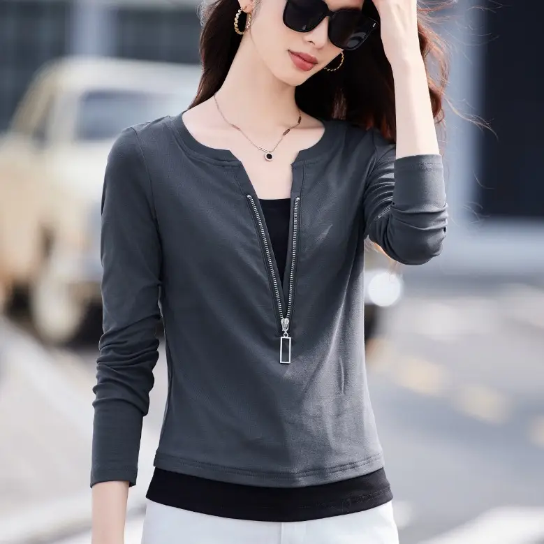 Women's Black Zipper Long Sleeve T-Shirt 2025 Slim Fit - Image 4