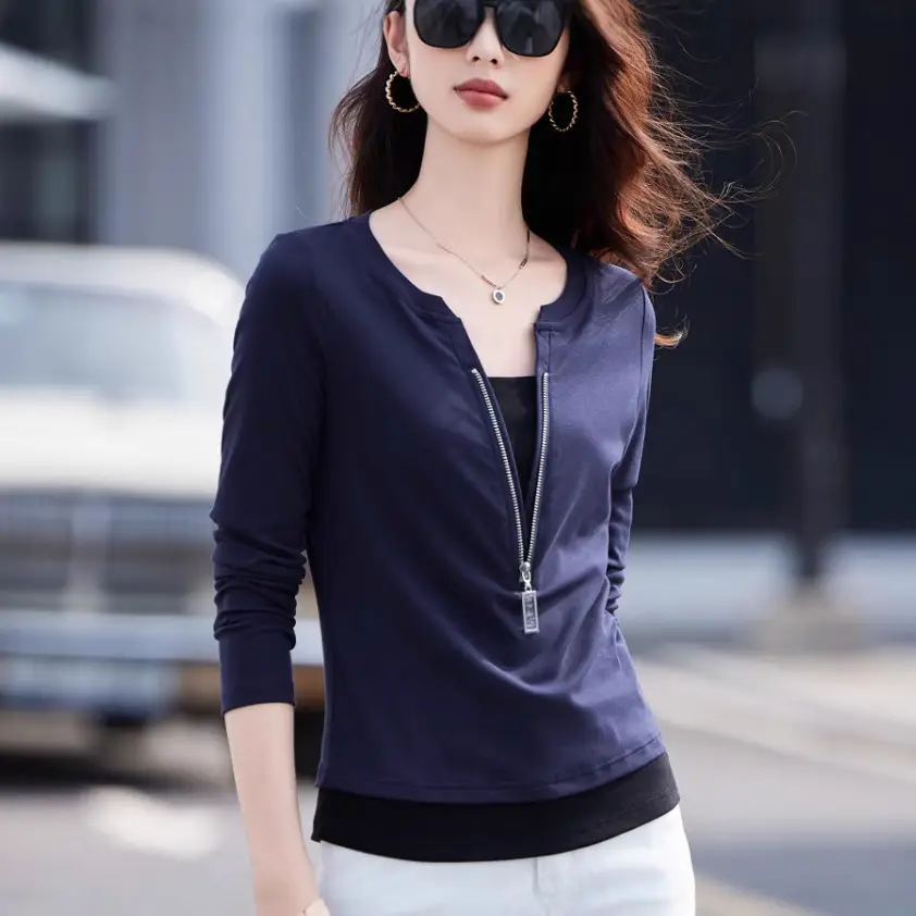 Women's Black Zipper Long Sleeve T-Shirt 2025 Slim Fit - Image 3