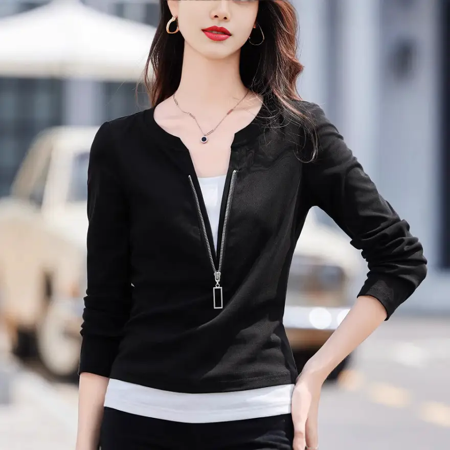 Women's Black Zipper Long Sleeve T-Shirt 2025 Slim Fit - Image 2