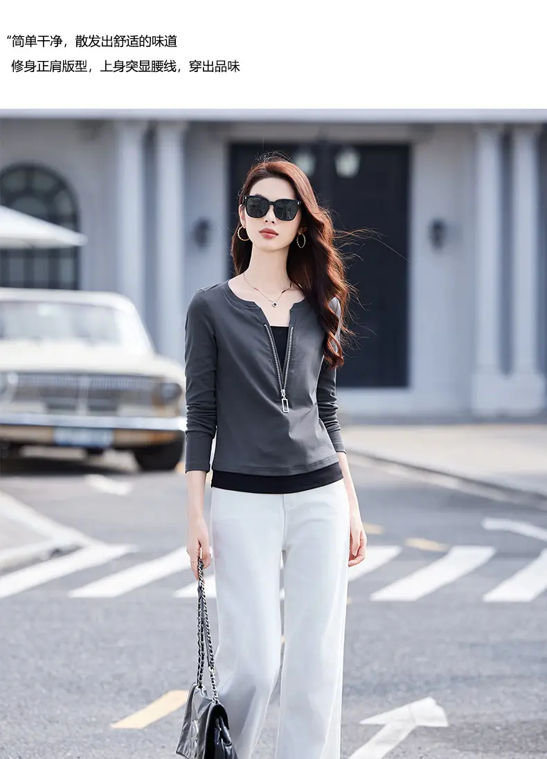 Women's Black Zipper Long Sleeve T-Shirt 2025 Slim Fit — feature 10