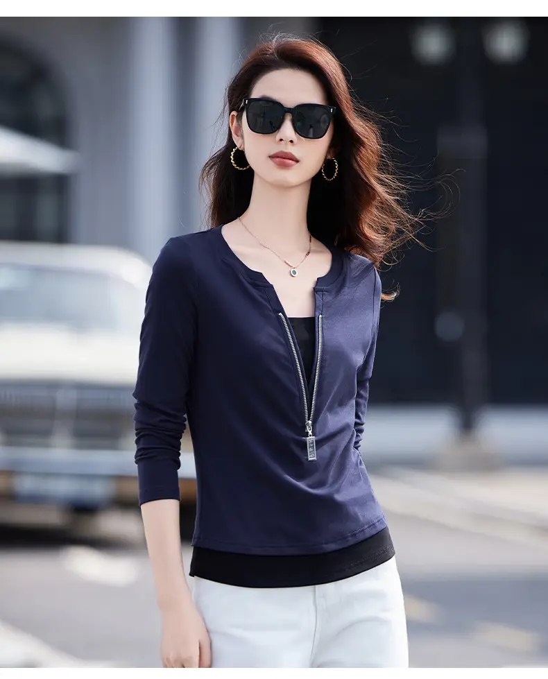 Women's Black Zipper Long Sleeve T-Shirt 2025 Slim Fit — feature 11