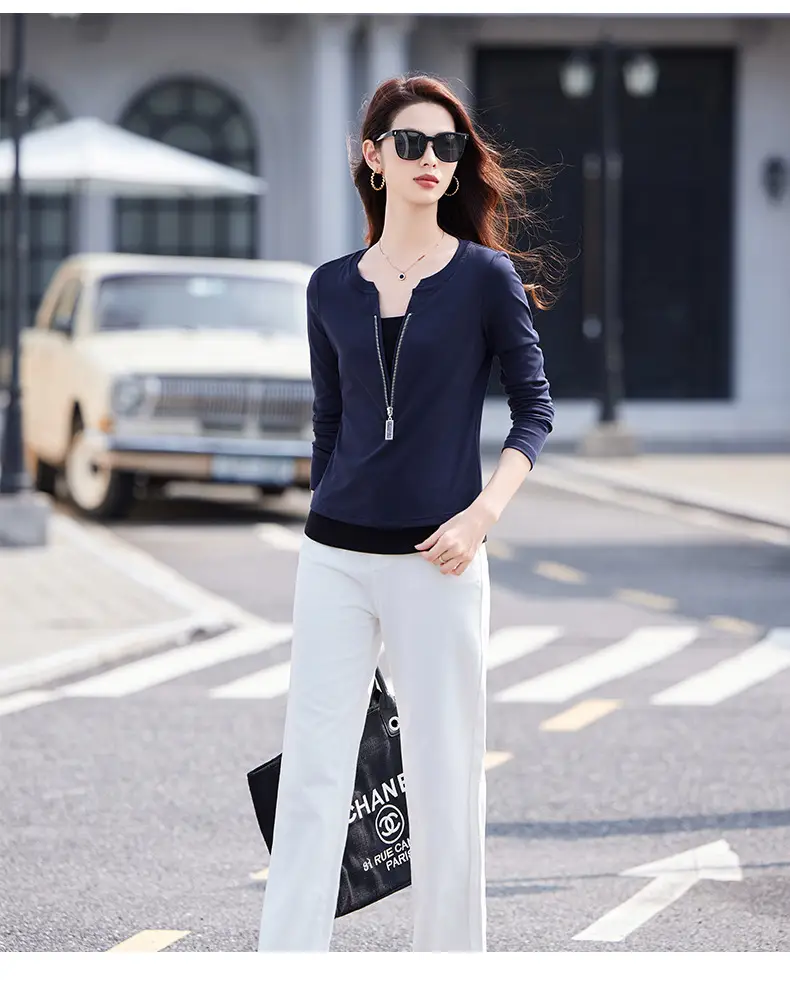 Women's Black Zipper Long Sleeve T-Shirt 2025 Slim Fit — feature 12