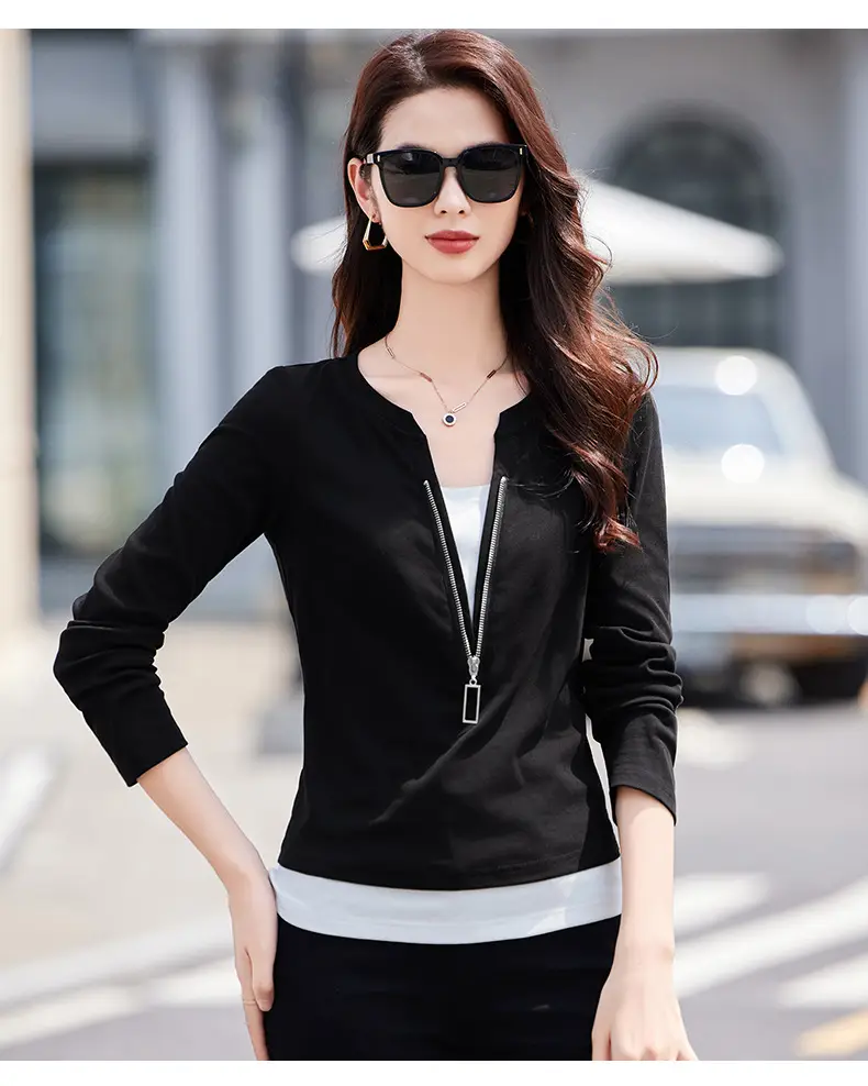 Women's Black Zipper Long Sleeve T-Shirt 2025 Slim Fit — feature 14