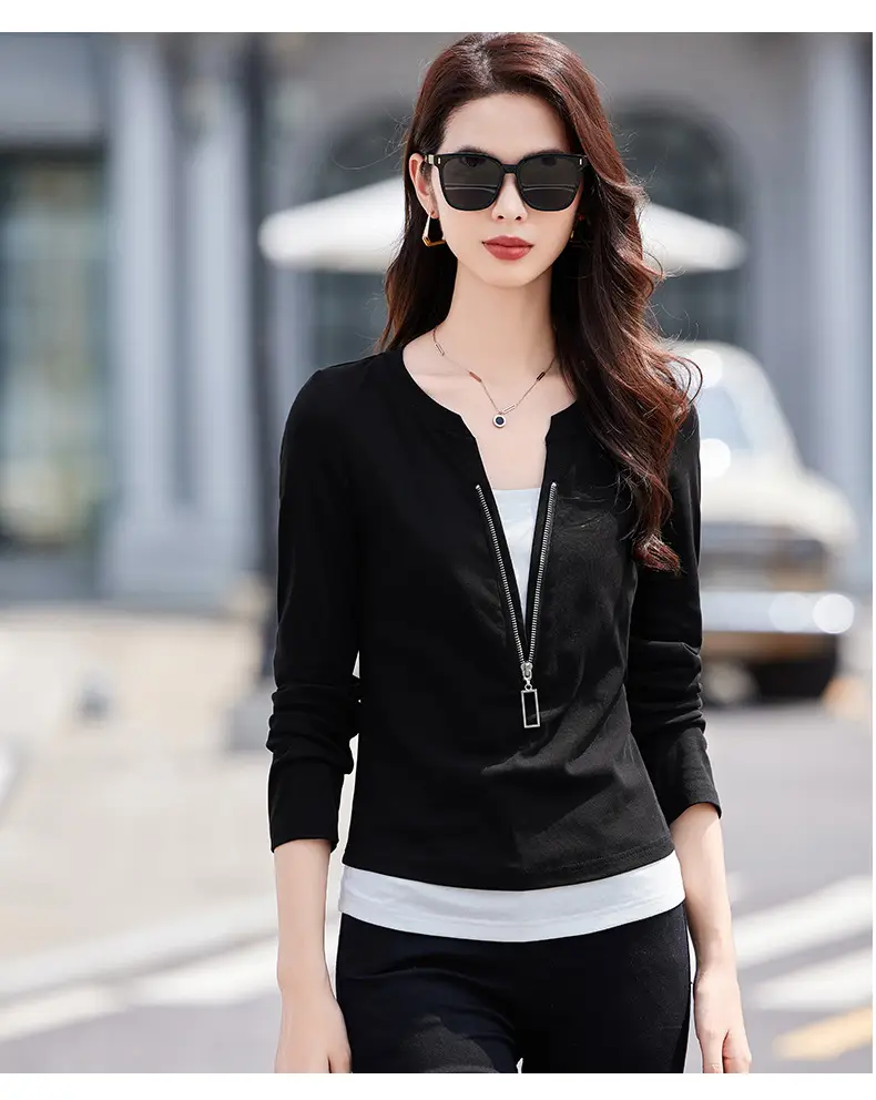 Women's Black Zipper Long Sleeve T-Shirt 2025 Slim Fit — feature 16