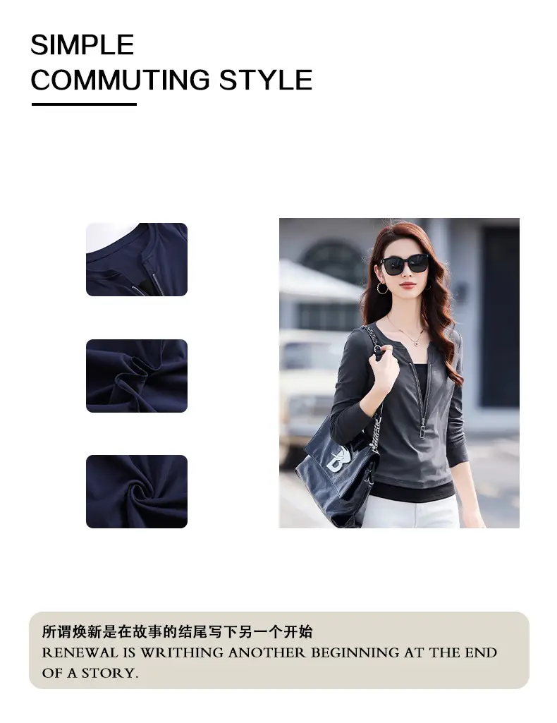 Women's Black Zipper Long Sleeve T-Shirt 2025 Slim Fit — feature 2