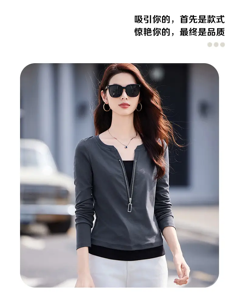Women's Black Zipper Long Sleeve T-Shirt 2025 Slim Fit — feature 3