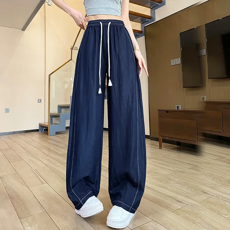 Dark Blue Wide Leg Drawstring Pants Women 2025
