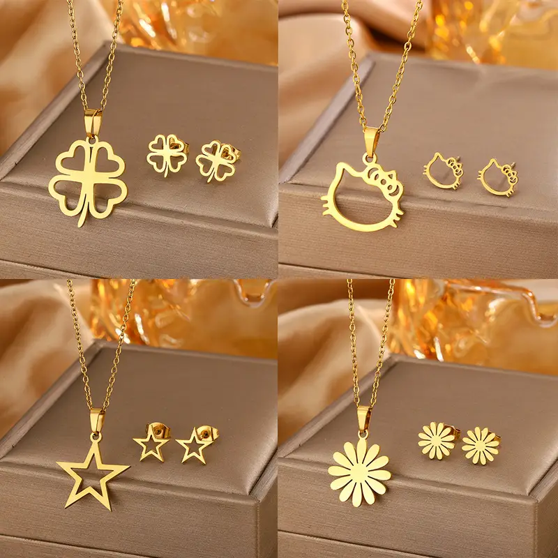 Five-Pointed Star Earrings Necklace Gold Titanium - Image 7