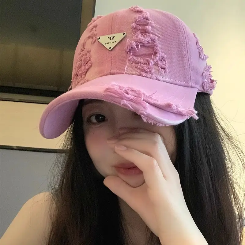 Women Distressed Hole Cotton Cap Pink Spring Summer - Image 5