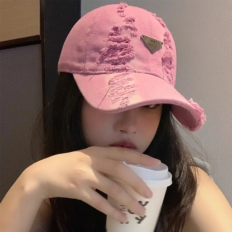 Women Distressed Hole Cotton Cap Pink Spring Summer - Image 6