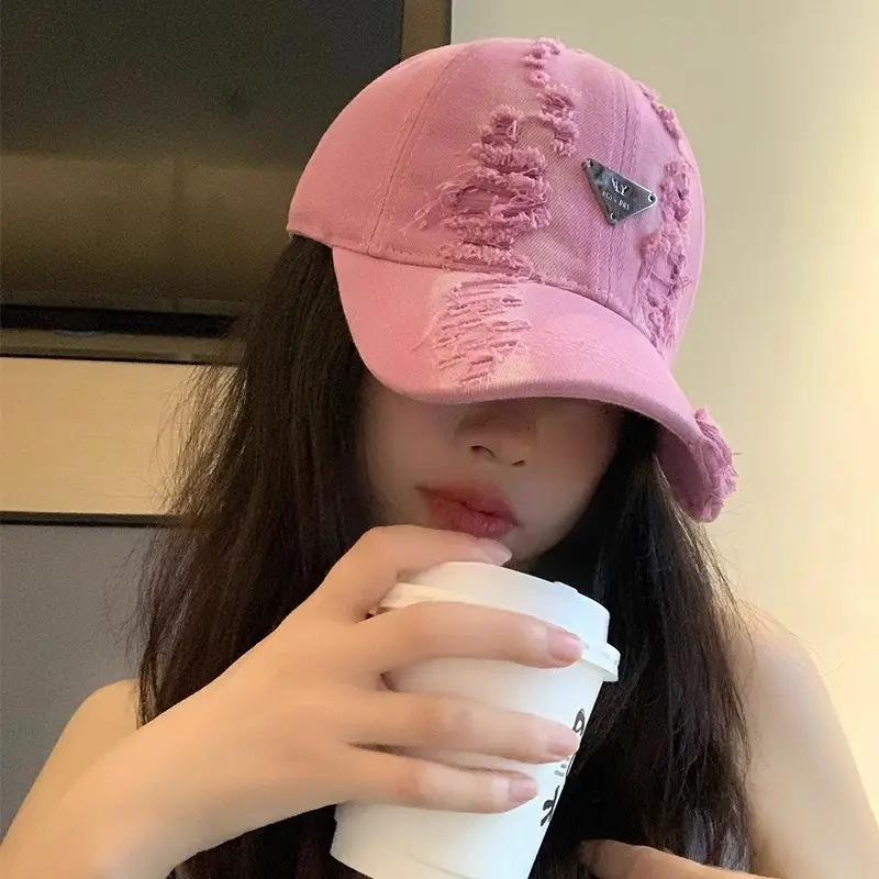Women Distressed Hole Cotton Cap Pink Spring Summer - Image 7