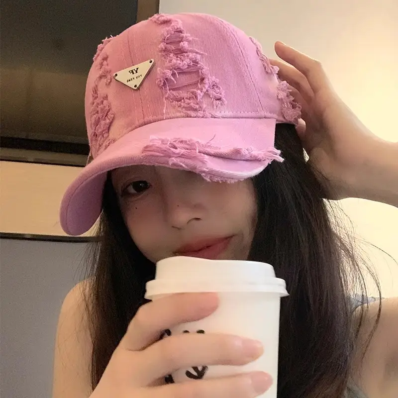 Women Distressed Hole Cotton Cap Pink Spring Summer - Image 8