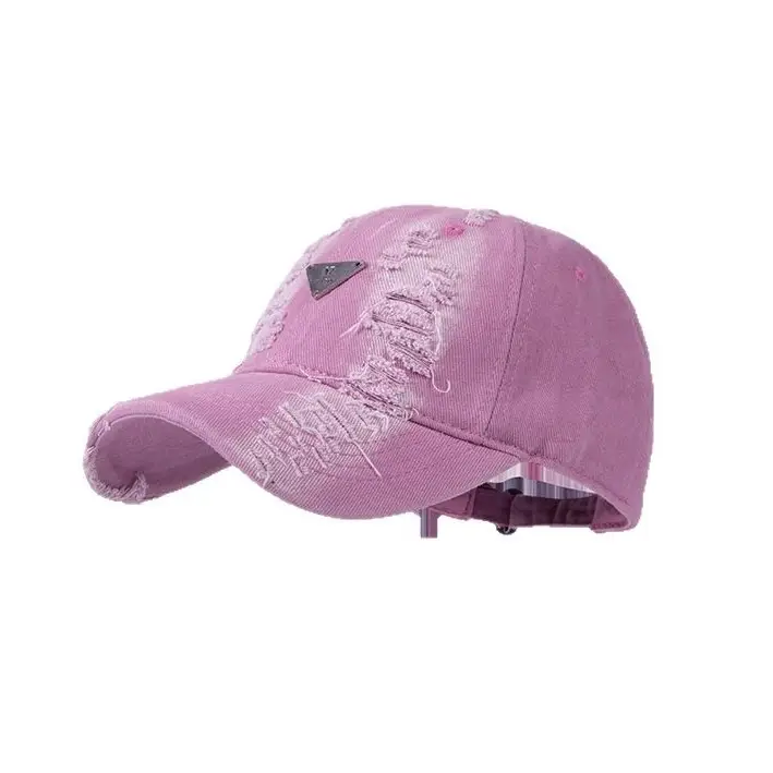 Women Distressed Hole Cotton Cap Pink Spring Summer - Image 9