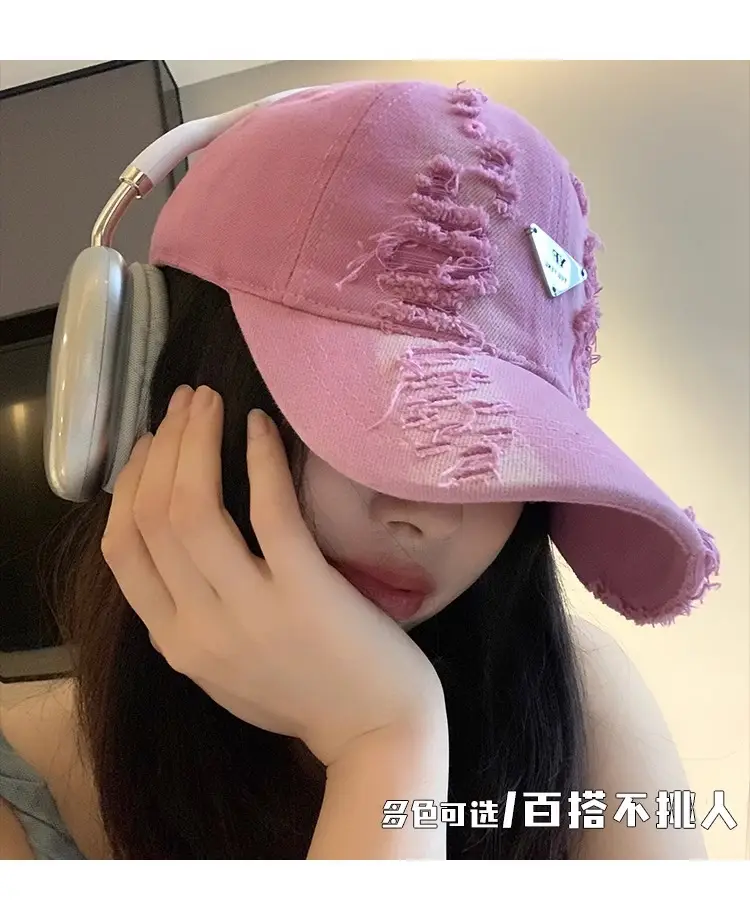 Women Distressed Hole Cotton Cap Pink Spring Summer — feature 11