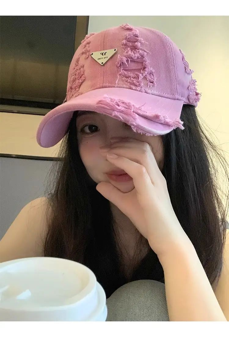 Women Distressed Hole Cotton Cap Pink Spring Summer — feature 12