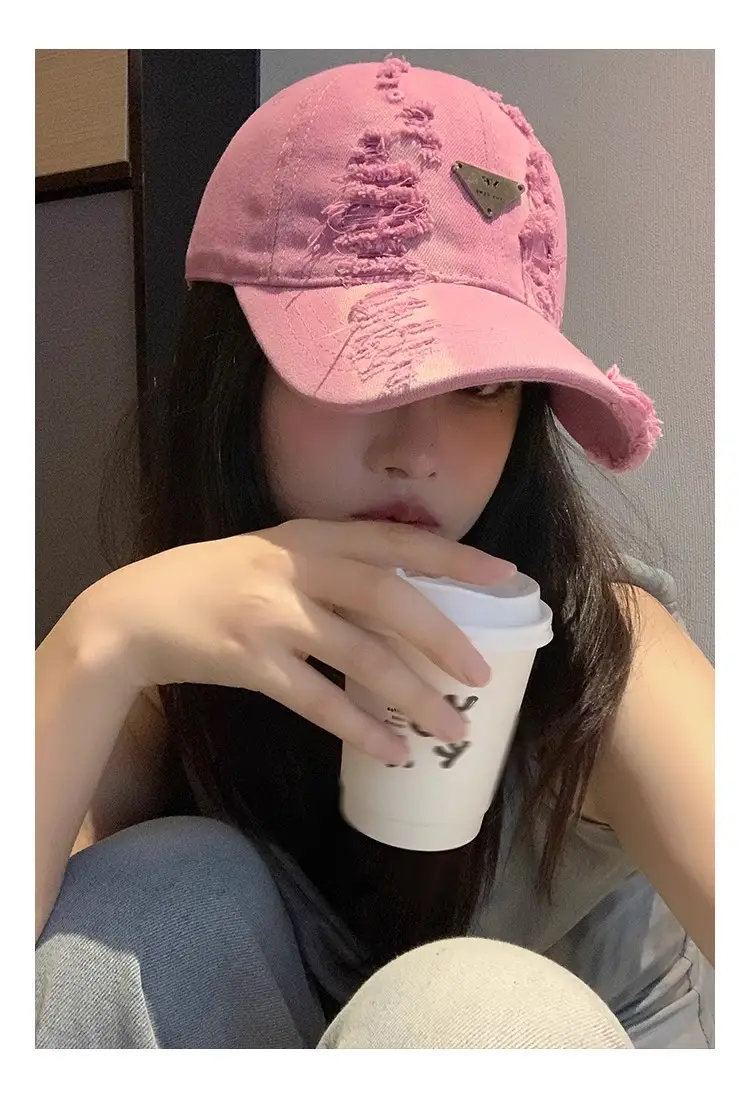 Women Distressed Hole Cotton Cap Pink Spring Summer — feature 13