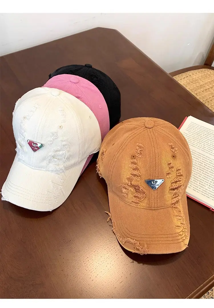 Women Distressed Hole Cotton Cap Pink Spring Summer — feature 14
