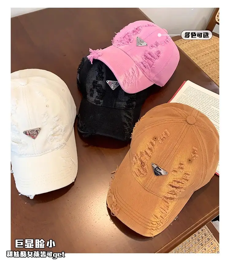 Women Distressed Hole Cotton Cap Pink Spring Summer — feature 5