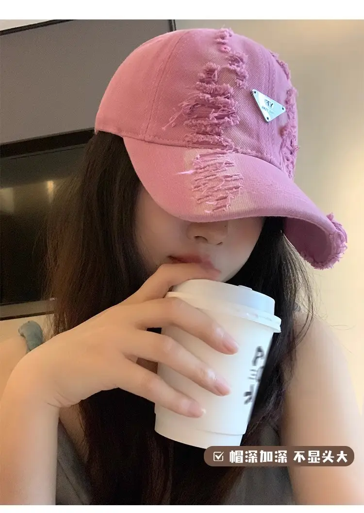 Women Distressed Hole Cotton Cap Pink Spring Summer — feature 7