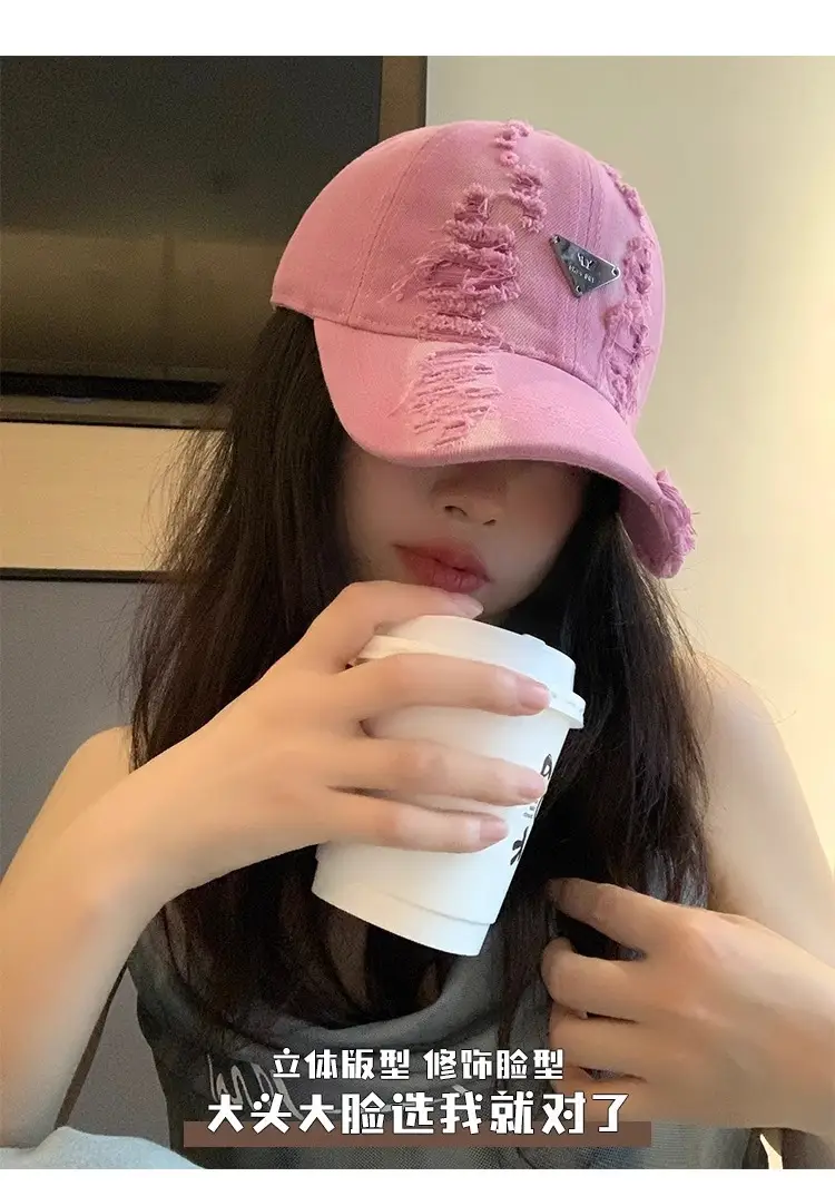 Women Distressed Hole Cotton Cap Pink Spring Summer — feature 9