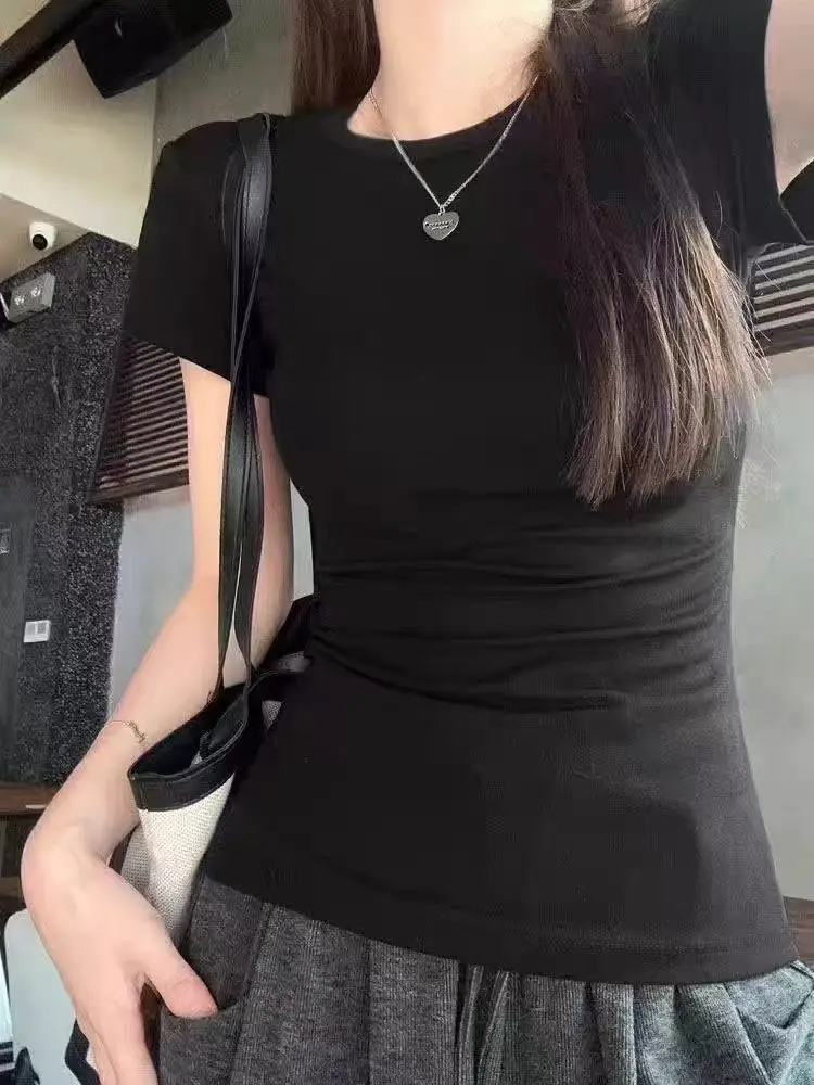 New Style Yellow Korean Style Shoulder Immortal All-match Simple Round Neck Slim-fit Hot Girl Short-sleeved T-shirt Women's Spring and Summer