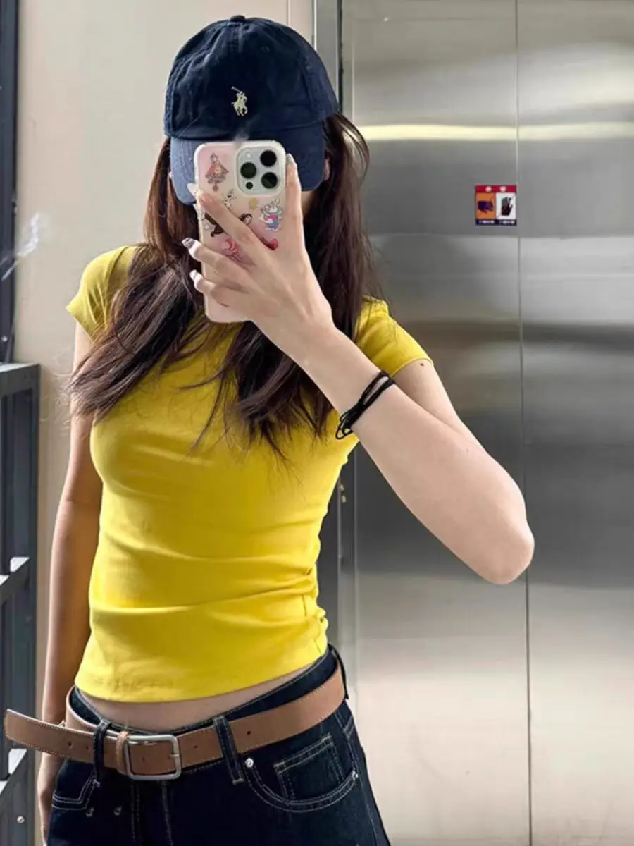 New Style Yellow Korean Style Shoulder Immortal All-match Simple Round Neck Slim-fit Hot Girl Short-sleeved T-shirt Women's Spring and Summer — feature 5